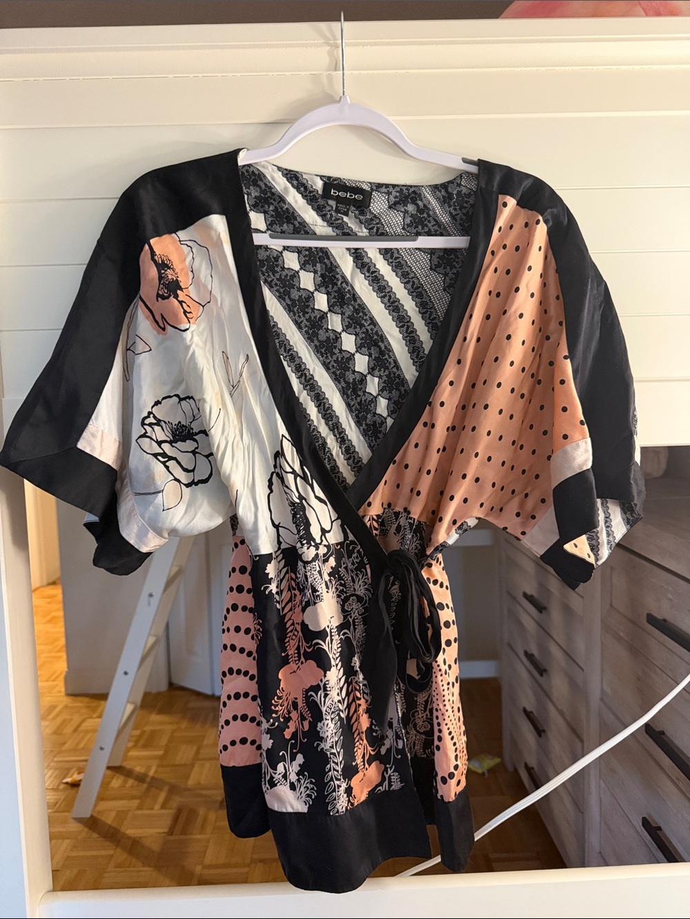 bebe Floral and Polka Dot Wrap Top - Black, Peach, White